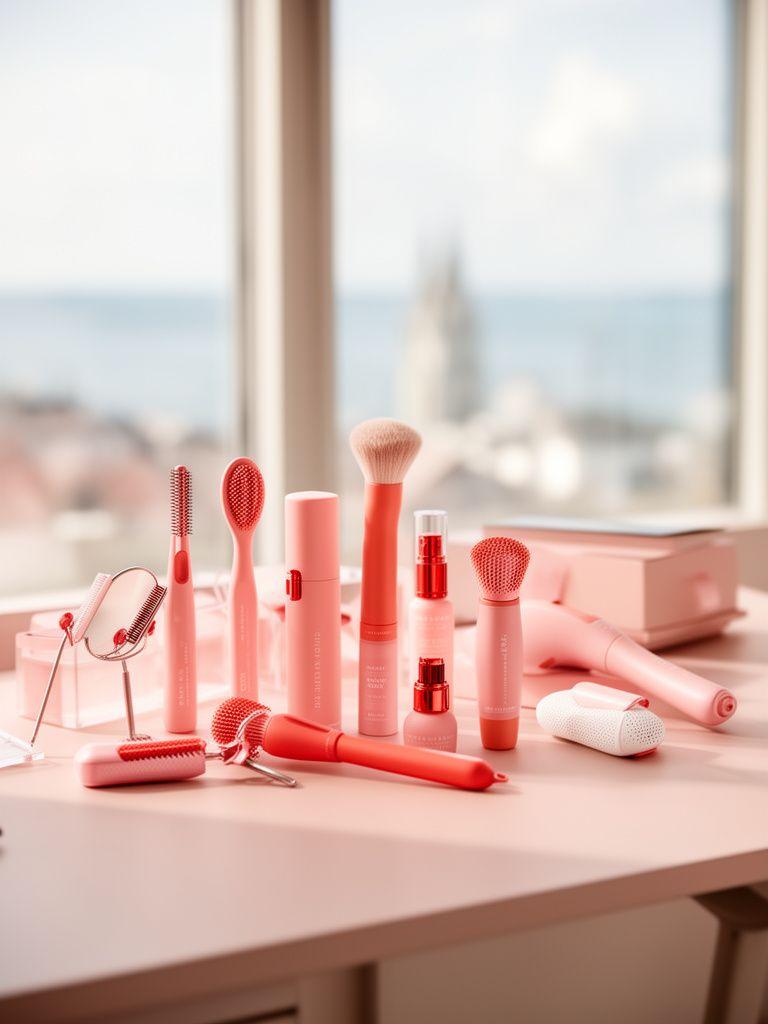 Elegant zusammengestellte Beauty Tools und Accessoires auf einem ruhigen Zürcher Bürotisch mit Küstenlicht