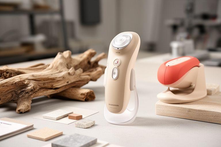 Produktstudio mit ersten Beauty-Werkzeugen, Treibholz und weichen Schatten auf einem Arbeitstisch