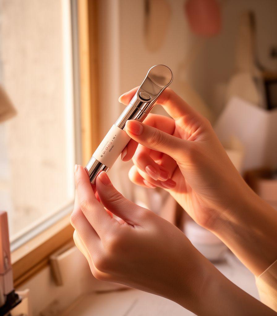 Designerinnenhand inspiziert ein Beauty-Tool am Fenster mit warmem natürlichem Licht und ruhiger Atelierstimmung