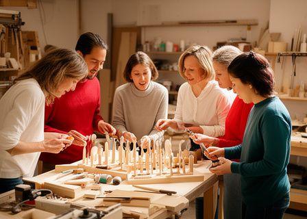 Team in einer Werkstatt kontrolliert nachhaltige Beauty-Tools unter warmem Tageslicht