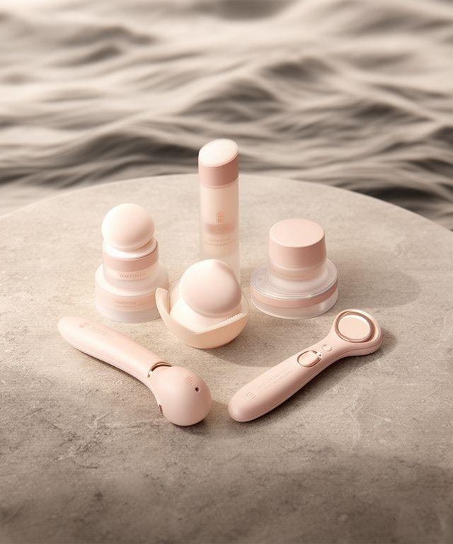 Elegante Beauty Tools auf einem ruhigen Steintablett mit weichem Licht und dezenten Wellenstrukturen