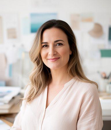 Designerinnenportrait in einem hellen Atelier mit ruhigen Küstenfarben