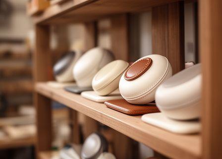Nahaufnahme von gefertigten Beauty-Zubehörteilen auf einem Holzregal in einer Werkstatt